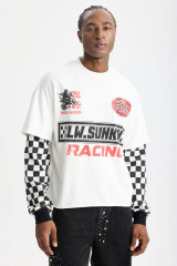 Custom Racing Vintage Checkered Fake Two‑Piece Long Sleeve Tee | Men Oversized Grunge Streetwear Cropped Layered‑Look T‑Shirt