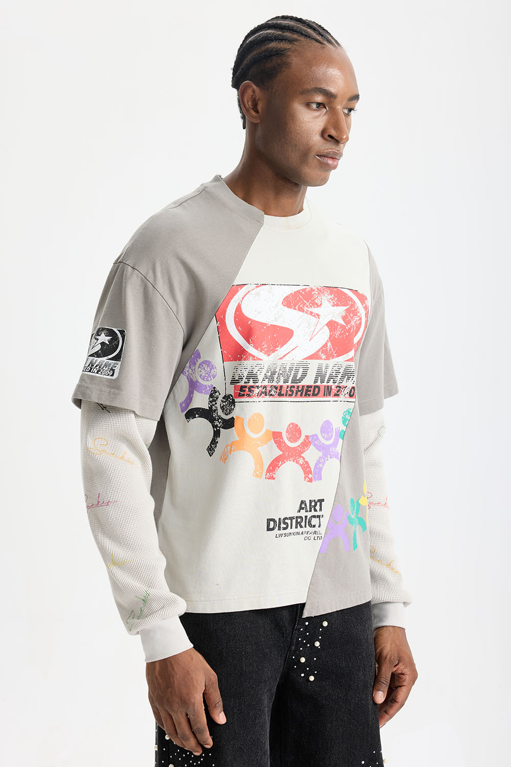 Custom Art District Patchwork Fake Two‑Piece Long Sleeve Tee | Men Oversized Retro Grunge Streetwear Spliced Layered‑Look T‑Shirt