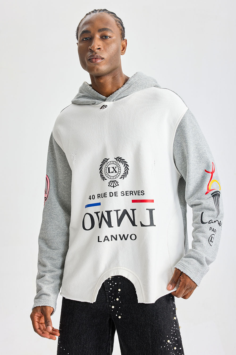 Custom Patchwork Deconstructed Raw‑Edge Hoodie | Men Oversized Grunge Streetwear Contrast‑Color Graphic Print Hooded Sweatshirt