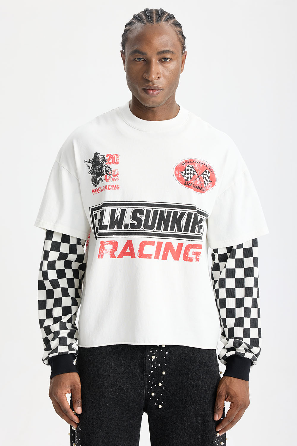 Custom Racing Vintage Checkered Fake Two‑Piece Long Sleeve Tee | Men Oversized Grunge Streetwear Cropped Layered‑Look T‑Shirt
