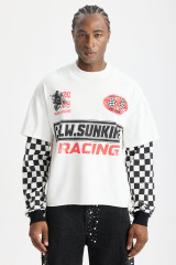 Custom Racing Vintage Checkered Fake Two‑Piece Long Sleeve Tee | Men Oversized Grunge Streetwear Cropped Layered‑Look T‑Shirt