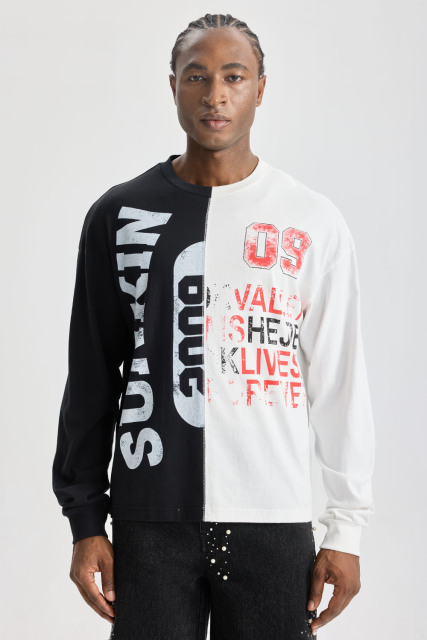 Custom Black‑White Split Spliced Long Sleeve Tee | Men Oversized Vintage Grunge Streetwear Contrast Panel Graphic T‑Shirt