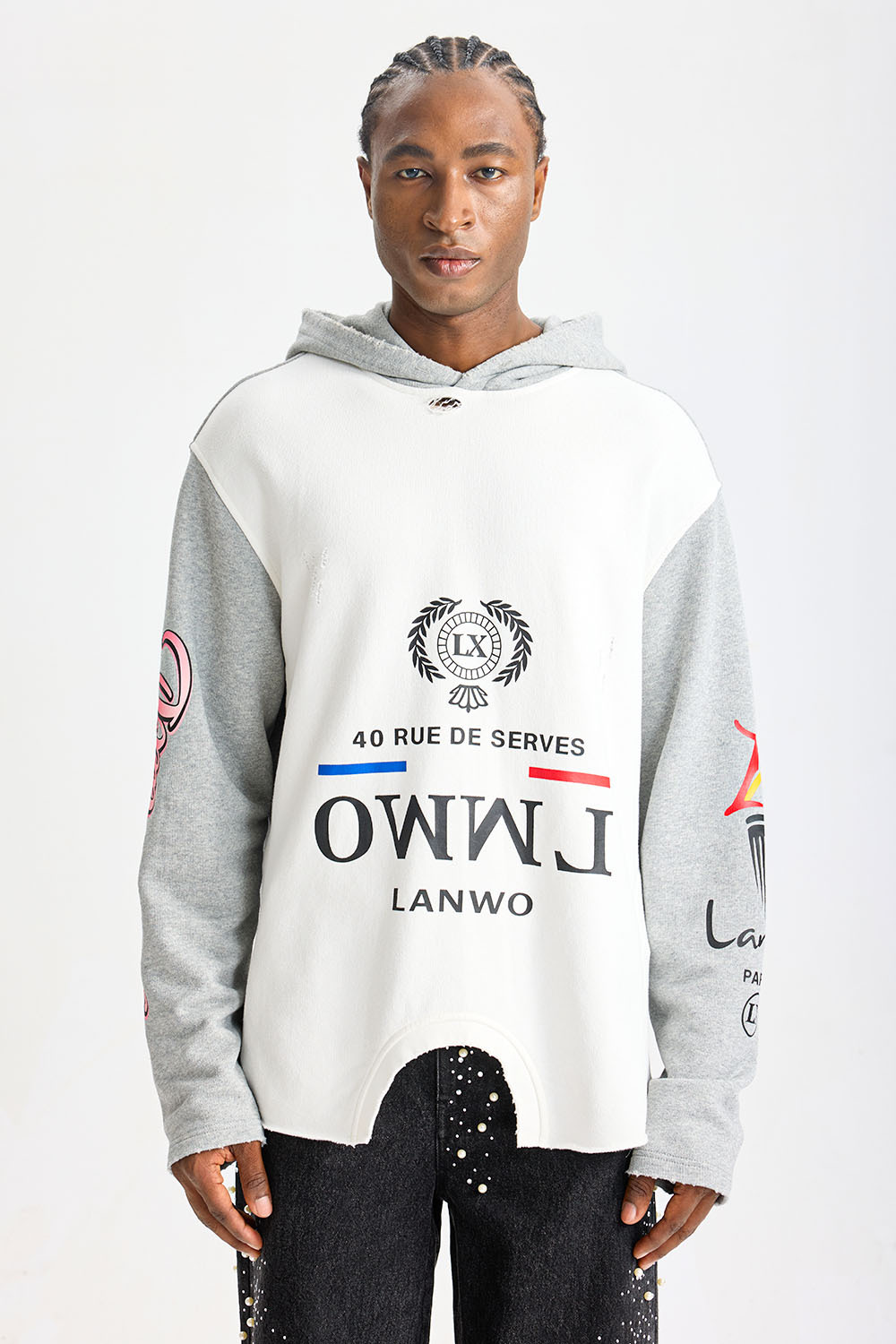 Custom Patchwork Deconstructed Raw‑Edge Hoodie | Men Oversized Grunge Streetwear Contrast‑Color Graphic Print Hooded Sweatshirt