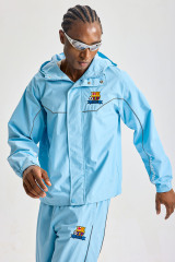 Custom Light Blue Reflective‑Piping Hooded Tracksuit Set | Men 2‑Piece Windbreaker Jacket & Pants Sport Streetwear Embroidery Logo Sweatsuit