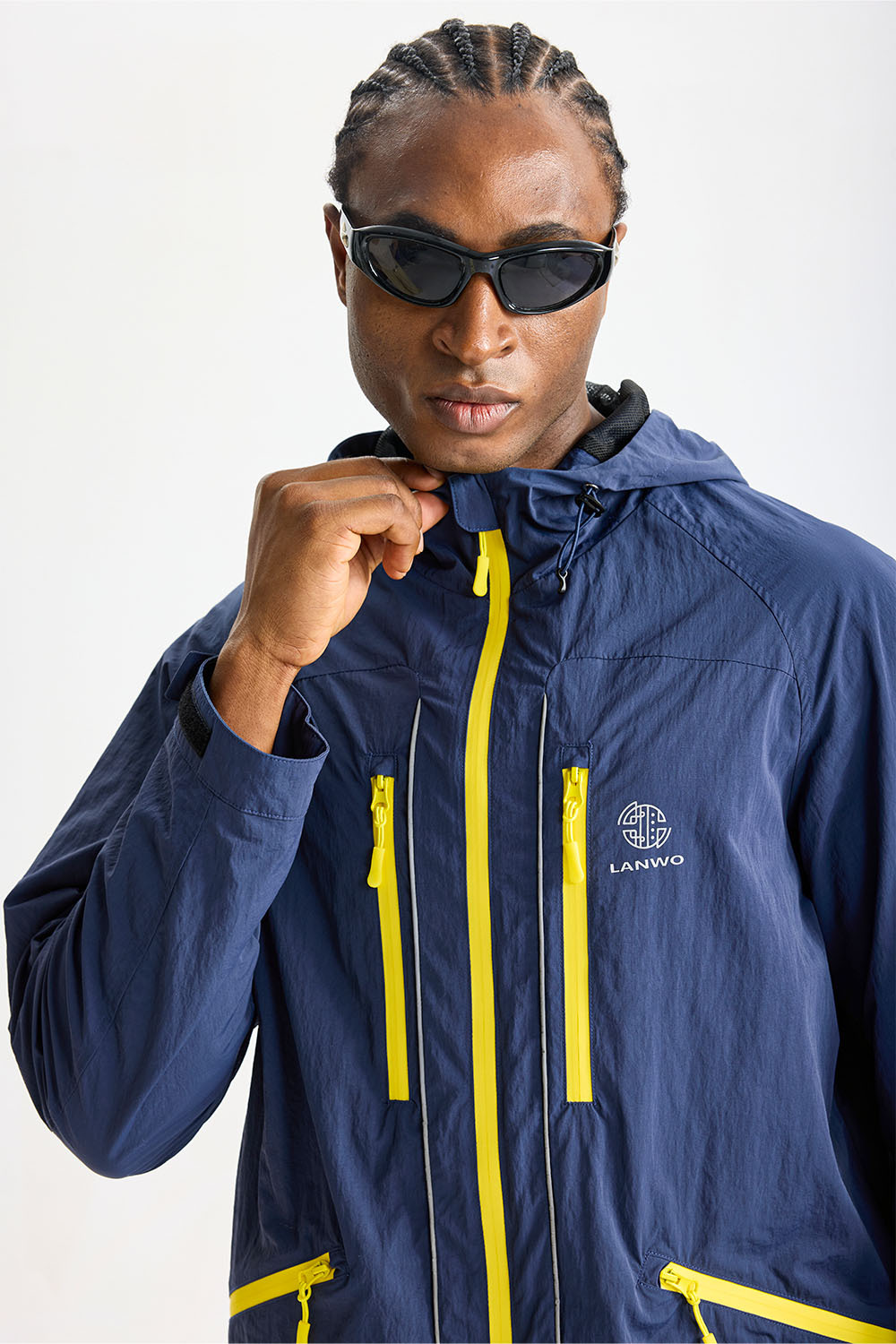Custom Navy Yellow Contrast Zip‑Pocket Outdoor Tracksuit 2‑Piece Set | Men Hooded Windbreaker Jacket & Wide‑Leg Pants Hiking Streetwear Sweatsuit