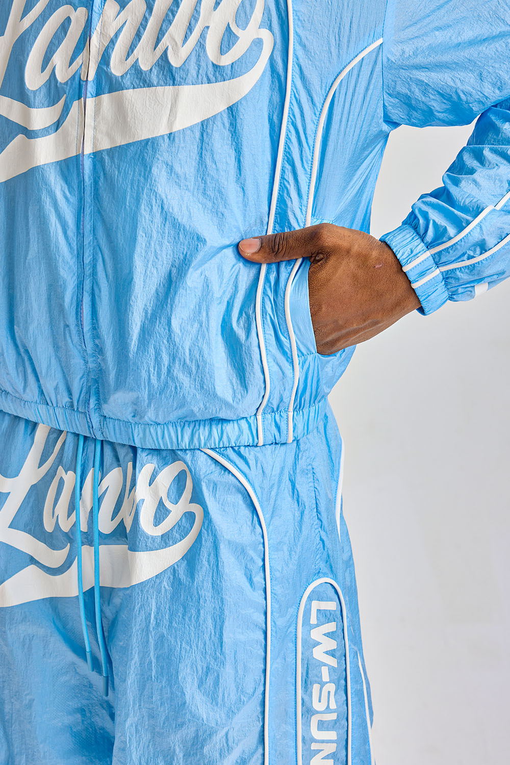 Custom Crinkle Nylon Hooded Windbreaker Short Set 2‑Piece | Men Blue Retro Script Logo Jacket & Shorts Streetwear Tracksuit
