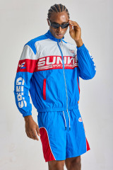 Custom Red‑White‑Blue Color‑Block Racing Short Tracksuit 2‑Piece | Men Crinkle Nylon Stand‑Collar Windbreaker Jacket & Shorts Retro Streetwear Sweatsuit