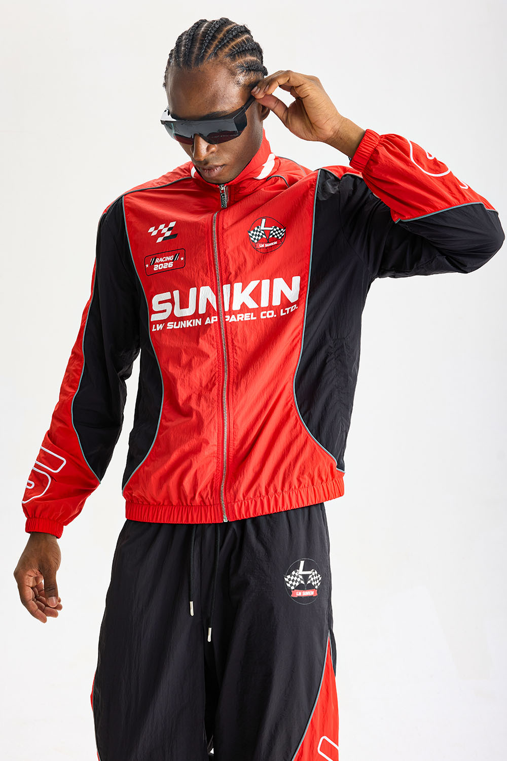 Custom Red‑Black Racing Color‑Block Tracksuit 2‑Piece Set | Men Crinkle Nylon Stand‑Collar Windbreaker & Jogger Pants Motorsport Streetwear Sweatsuit