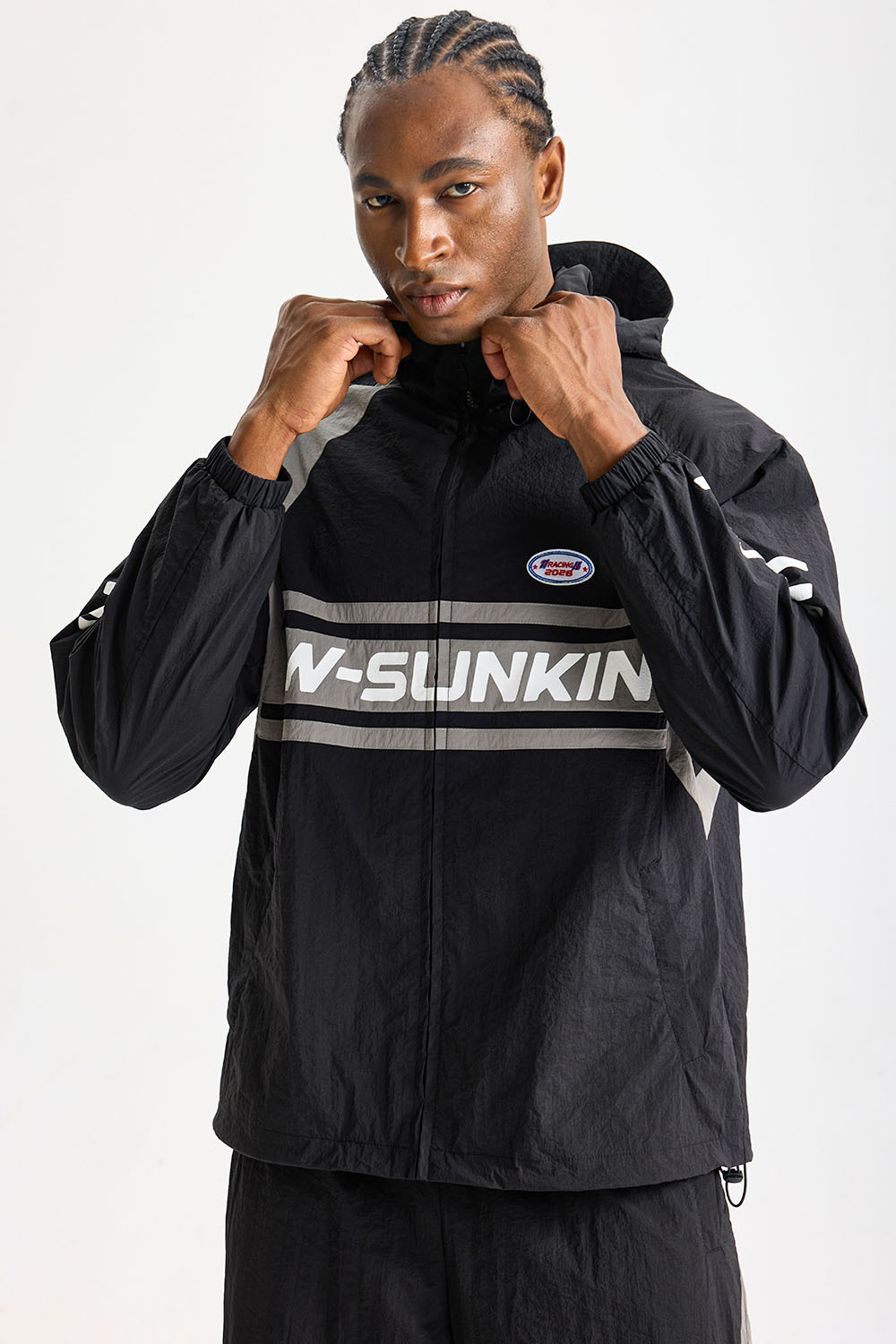 Custom Black‑Grey Color‑Block Hooded Tracksuit 2‑Piece Set | Men Crinkle Nylon Full‑Zip Hooded Windbreaker & Wide‑Leg Pants Retro Sport Streetwear Sweatsuit