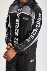 Custom Retro 2009 Graphic Color‑Block Hooded Tracksuit 2‑Piece Set | Men Crinkle Nylon Zip‑Up Windbreaker & Wide‑Leg Pants Streetwear Sweatsuit