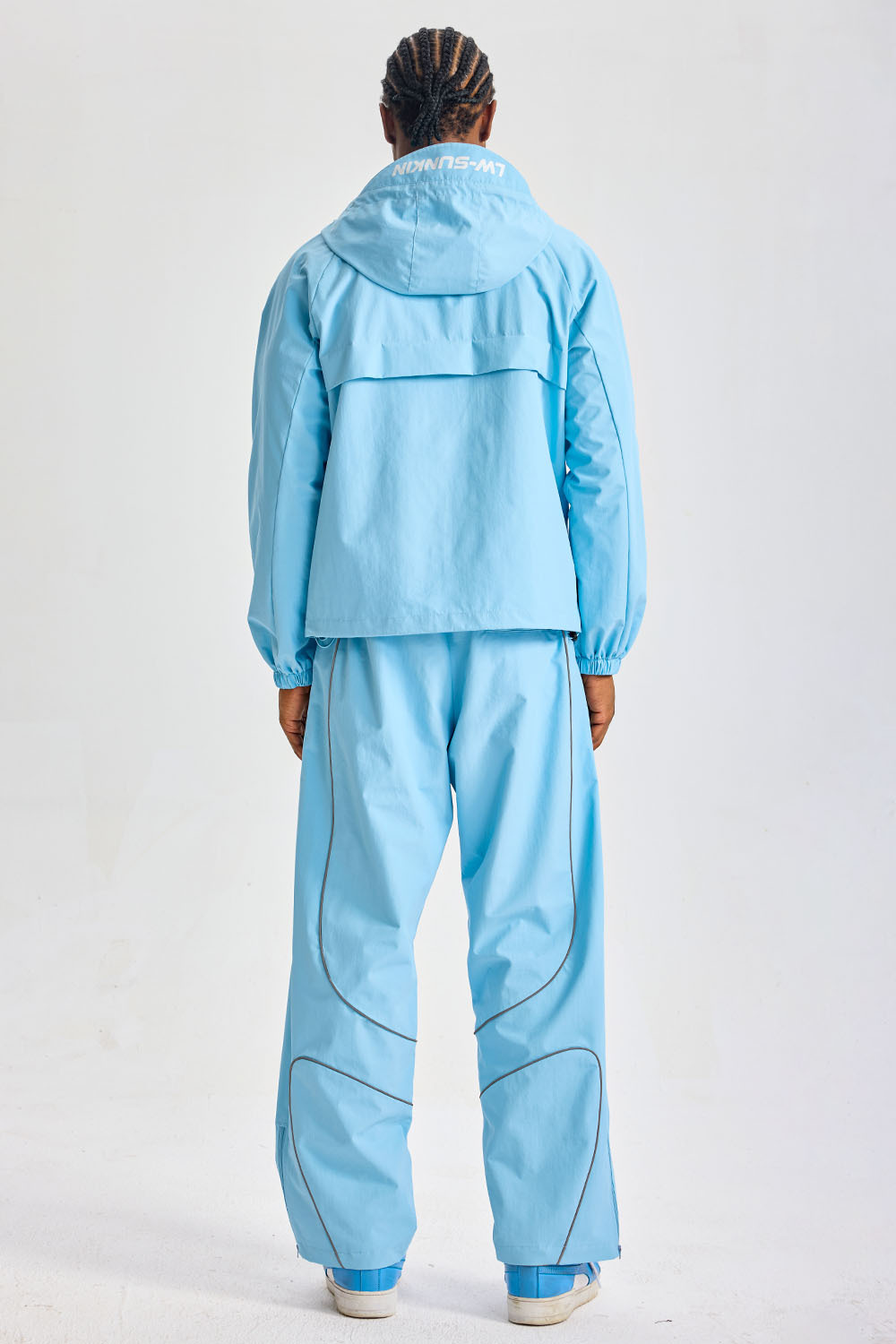 Custom Light Blue Reflective‑Piping Hooded Tracksuit Set | Men 2‑Piece Windbreaker Jacket & Pants Sport Streetwear Embroidery Logo Sweatsuit