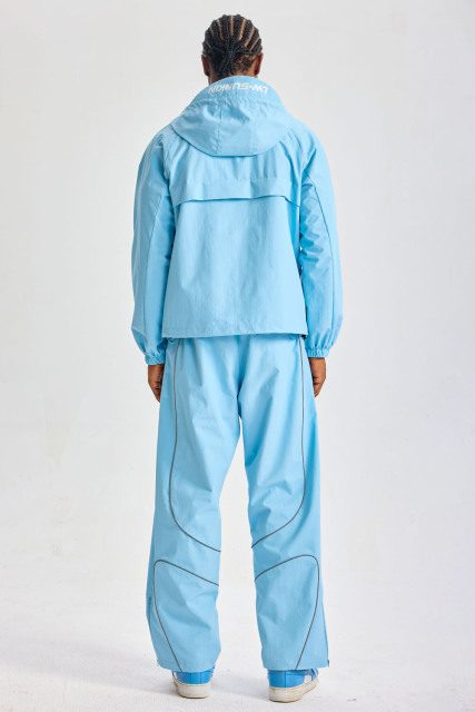 Custom Light Blue Reflective‑Piping Hooded Tracksuit Set | Men 2‑Piece Windbreaker Jacket & Pants Sport Streetwear Embroidery Logo Sweatsuit