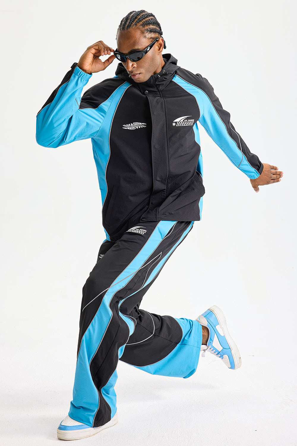Custom Color‑Block Reflective Piping Racing Style Hooded Tracksuit 2‑Piece Set | Men Windbreaker Jacket & Wide Leg Pants Motor Sport Streetwear Sweatsuit