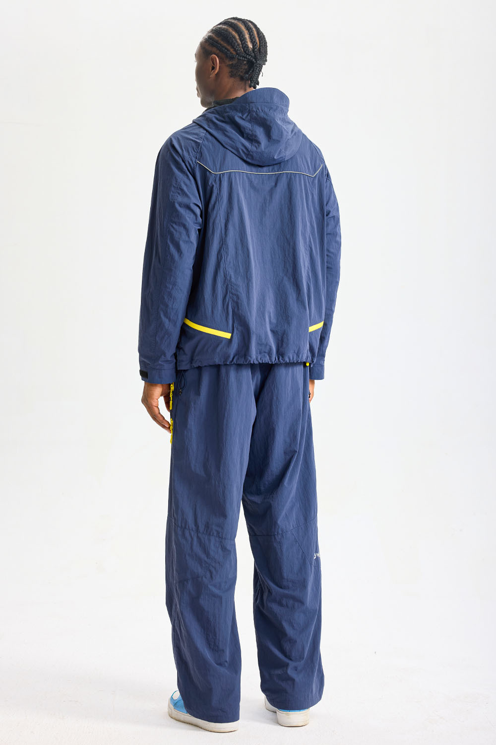 Custom Navy Yellow Contrast Zip‑Pocket Outdoor Tracksuit 2‑Piece Set | Men Hooded Windbreaker Jacket & Wide‑Leg Pants Hiking Streetwear Sweatsuit