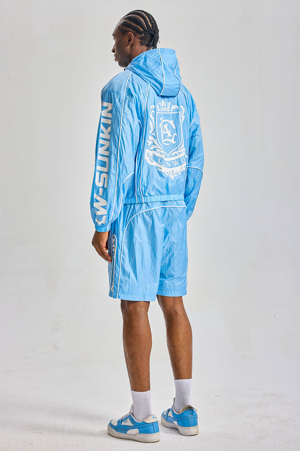 Custom Crinkle Nylon Hooded Windbreaker Short Set 2‑Piece | Men Blue Retro Script Logo Jacket & Shorts Streetwear Tracksuit