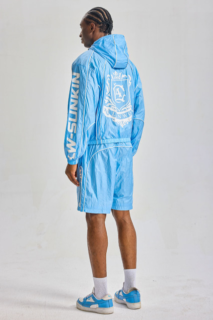 Custom Crinkle Nylon Hooded Windbreaker Short Set 2‑Piece | Men Blue Retro Script Logo Jacket & Shorts Streetwear Tracksuit