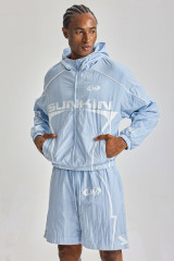 Custom Light Blue Crinkle Nylon Hooded Short Tracksuit 2‑Piece Set | Men Cropped Windbreaker Jacket & Shorts Sport Streetwear Sweatsuit