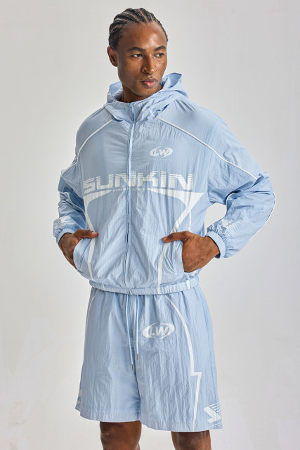 Custom Light Blue Crinkle Nylon Hooded Short Tracksuit 2‑Piece Set | Men Cropped Windbreaker Jacket & Shorts Sport Streetwear Sweatsuit