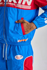 Custom Red‑White‑Blue Color‑Block Racing Short Tracksuit 2‑Piece | Men Crinkle Nylon Stand‑Collar Windbreaker Jacket & Shorts Retro Streetwear Sweatsuit
