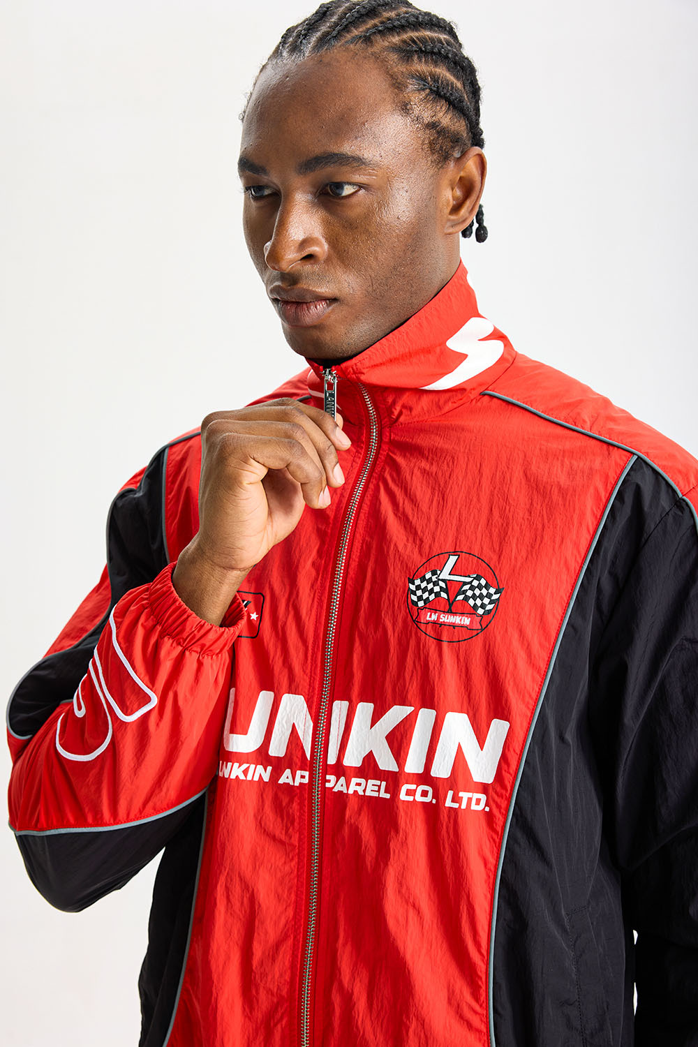 Custom Red‑Black Racing Color‑Block Tracksuit 2‑Piece Set | Men Crinkle Nylon Stand‑Collar Windbreaker & Jogger Pants Motorsport Streetwear Sweatsuit