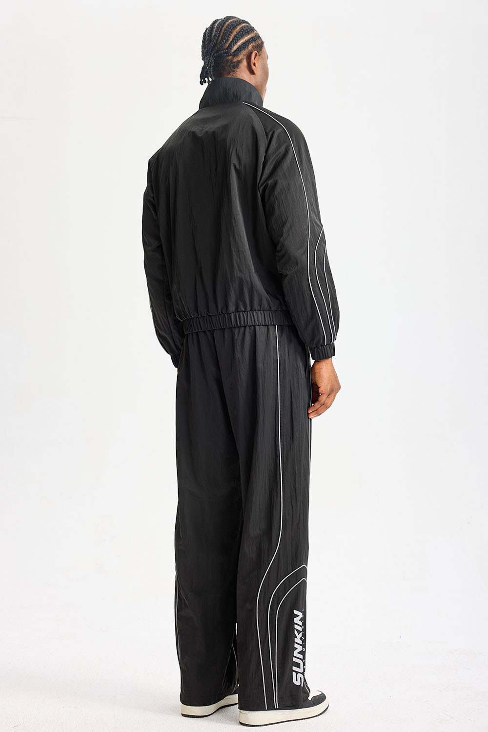 Custom Black Retro Racing Tracksuit 2‑Piece Set | Men Crinkle Nylon Stand‑Collar Windbreaker & Wide‑Leg Pants Sport Streetwear Sweatsuit