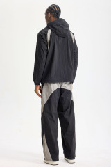 Custom Black‑Grey Color‑Block Hooded Tracksuit 2‑Piece Set | Men Crinkle Nylon Full‑Zip Hooded Windbreaker & Wide‑Leg Pants Retro Sport Streetwear Sweatsuit
