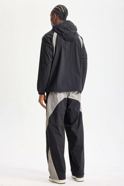 Custom Black‑Grey Color‑Block Hooded Tracksuit 2‑Piece Set | Men Crinkle Nylon Full‑Zip Hooded Windbreaker & Wide‑Leg Pants Retro Sport Streetwear Sweatsuit