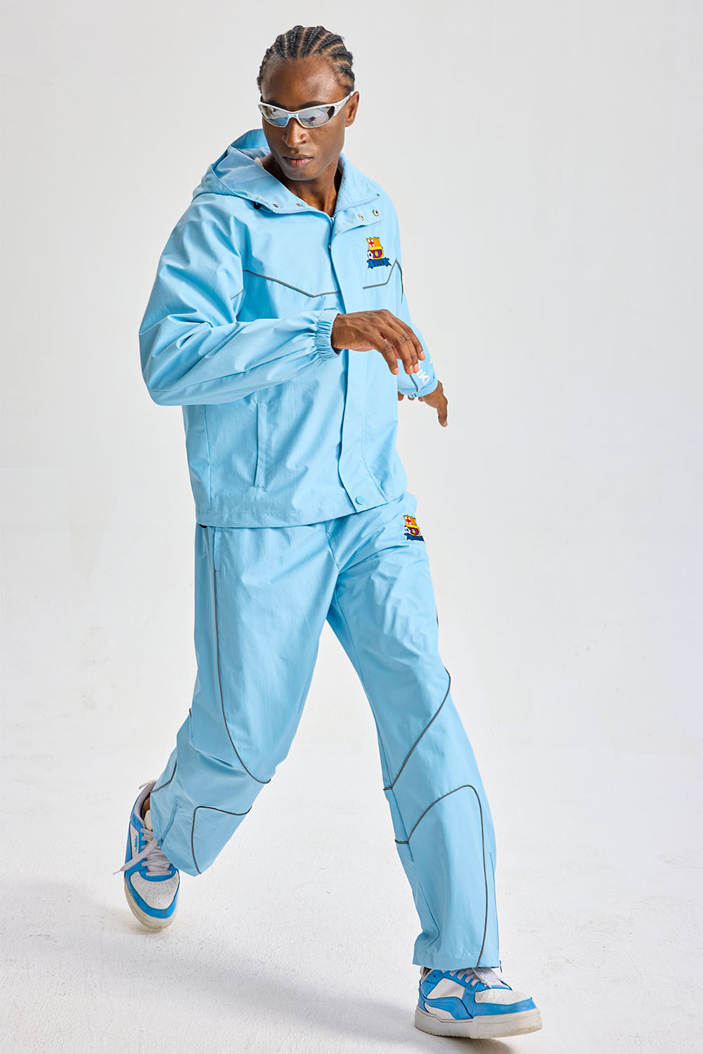 Custom Light Blue Reflective‑Piping Hooded Tracksuit Set | Men 2‑Piece Windbreaker Jacket & Pants Sport Streetwear Embroidery Logo Sweatsuit