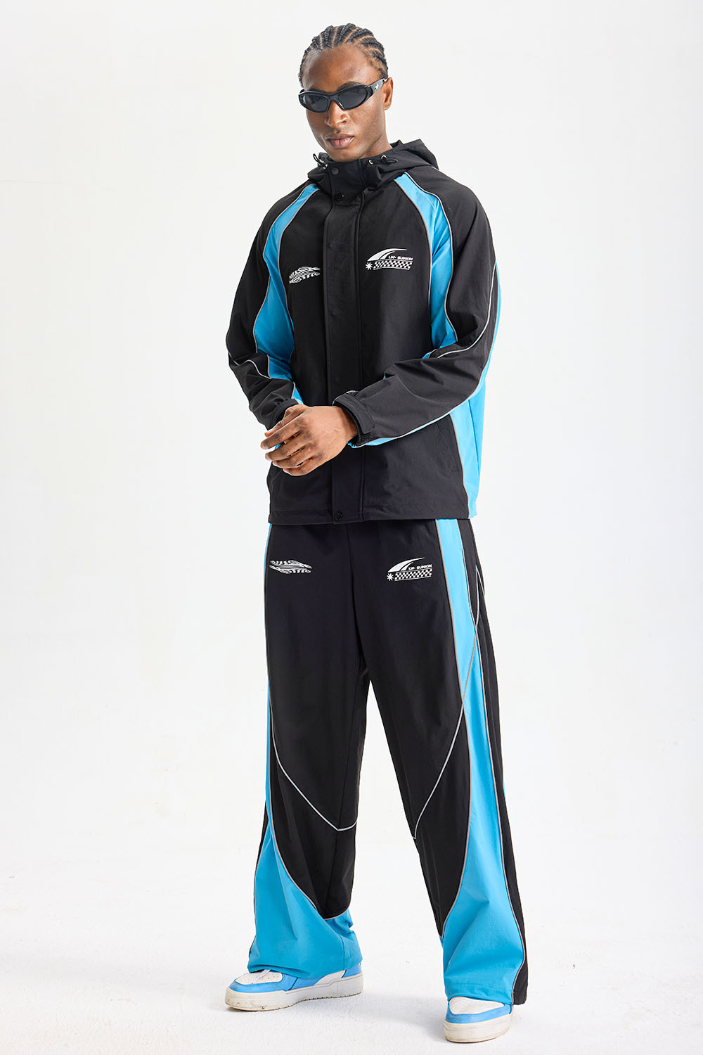 Custom Color‑Block Reflective Piping Racing Style Hooded Tracksuit 2‑Piece Set | Men Windbreaker Jacket & Wide Leg Pants Motor Sport Streetwear Sweatsuit