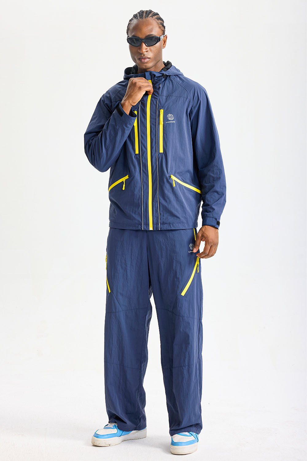 Custom Navy Yellow Contrast Zip‑Pocket Outdoor Tracksuit 2‑Piece Set | Men Hooded Windbreaker Jacket & Wide‑Leg Pants Hiking Streetwear Sweatsuit