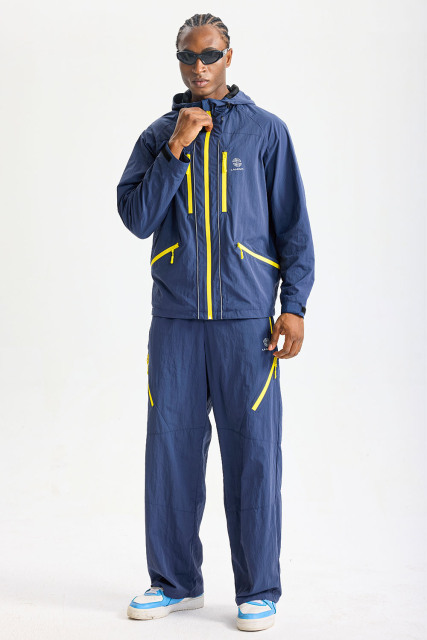 Custom Navy Yellow Contrast Zip‑Pocket Outdoor Tracksuit 2‑Piece Set | Men Hooded Windbreaker Jacket & Wide‑Leg Pants Hiking Streetwear Sweatsuit