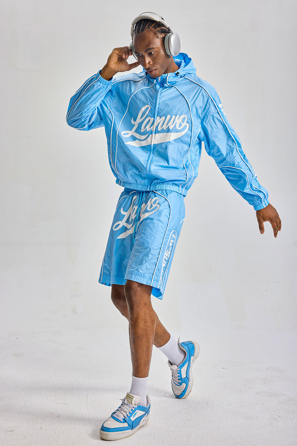Custom Crinkle Nylon Hooded Windbreaker Short Set 2‑Piece | Men Blue Retro Script Logo Jacket & Shorts Streetwear Tracksuit