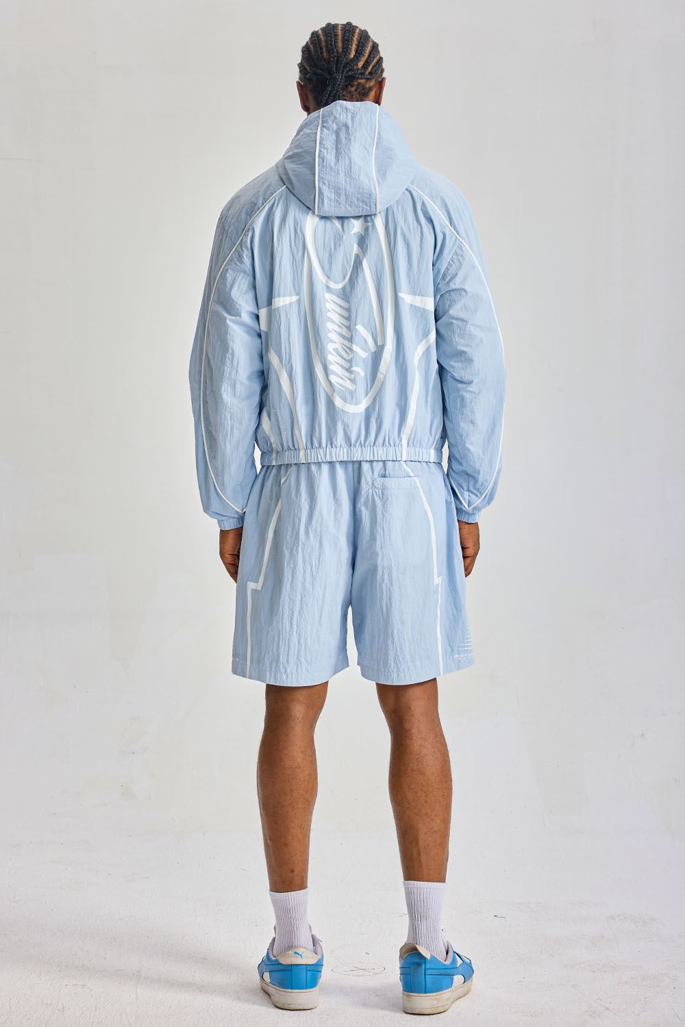 Custom Light Blue Crinkle Nylon Hooded Short Tracksuit 2‑Piece Set | Men Cropped Windbreaker Jacket & Shorts Sport Streetwear Sweatsuit