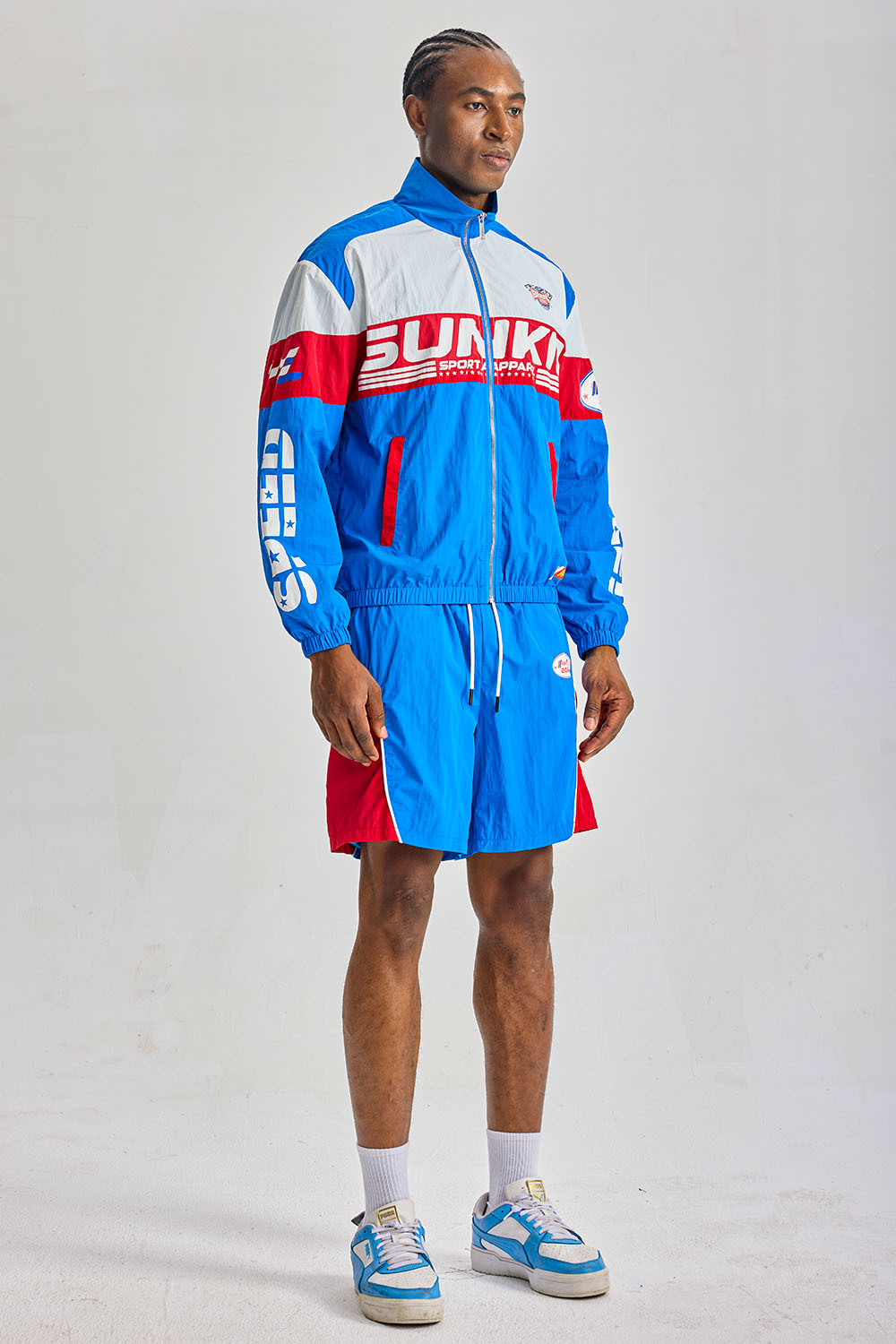 Custom Red‑White‑Blue Color‑Block Racing Short Tracksuit 2‑Piece | Men Crinkle Nylon Stand‑Collar Windbreaker Jacket & Shorts Retro Streetwear Sweatsuit