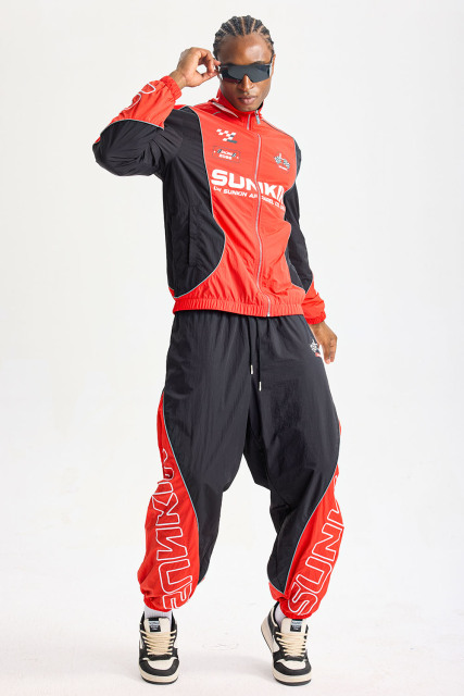 Custom Red‑Black Racing Color‑Block Tracksuit 2‑Piece Set | Men Crinkle Nylon Stand‑Collar Windbreaker & Jogger Pants Motorsport Streetwear Sweatsuit