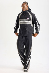 Custom Black‑Grey Color‑Block Hooded Tracksuit 2‑Piece Set | Men Crinkle Nylon Full‑Zip Hooded Windbreaker & Wide‑Leg Pants Retro Sport Streetwear Sweatsuit