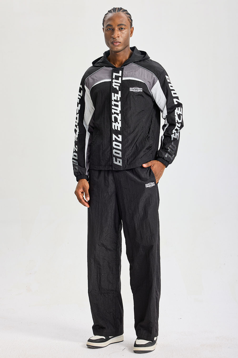 Custom Retro 2009 Graphic Color‑Block Hooded Tracksuit 2‑Piece Set | Men Crinkle Nylon Zip‑Up Windbreaker & Wide‑Leg Pants Streetwear Sweatsuit