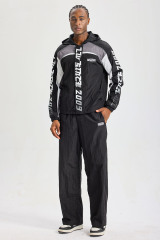 Custom Retro 2009 Graphic Color‑Block Hooded Tracksuit 2‑Piece Set | Men Crinkle Nylon Zip‑Up Windbreaker & Wide‑Leg Pants Streetwear Sweatsuit