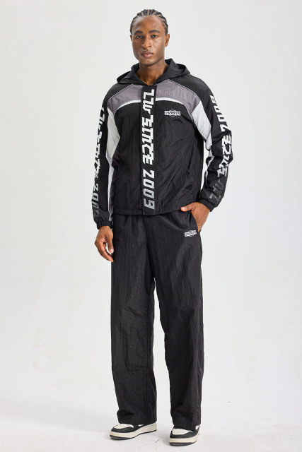 Custom Retro 2009 Graphic Color‑Block Hooded Tracksuit 2‑Piece Set | Men Crinkle Nylon Zip‑Up Windbreaker & Wide‑Leg Pants Streetwear Sweatsuit