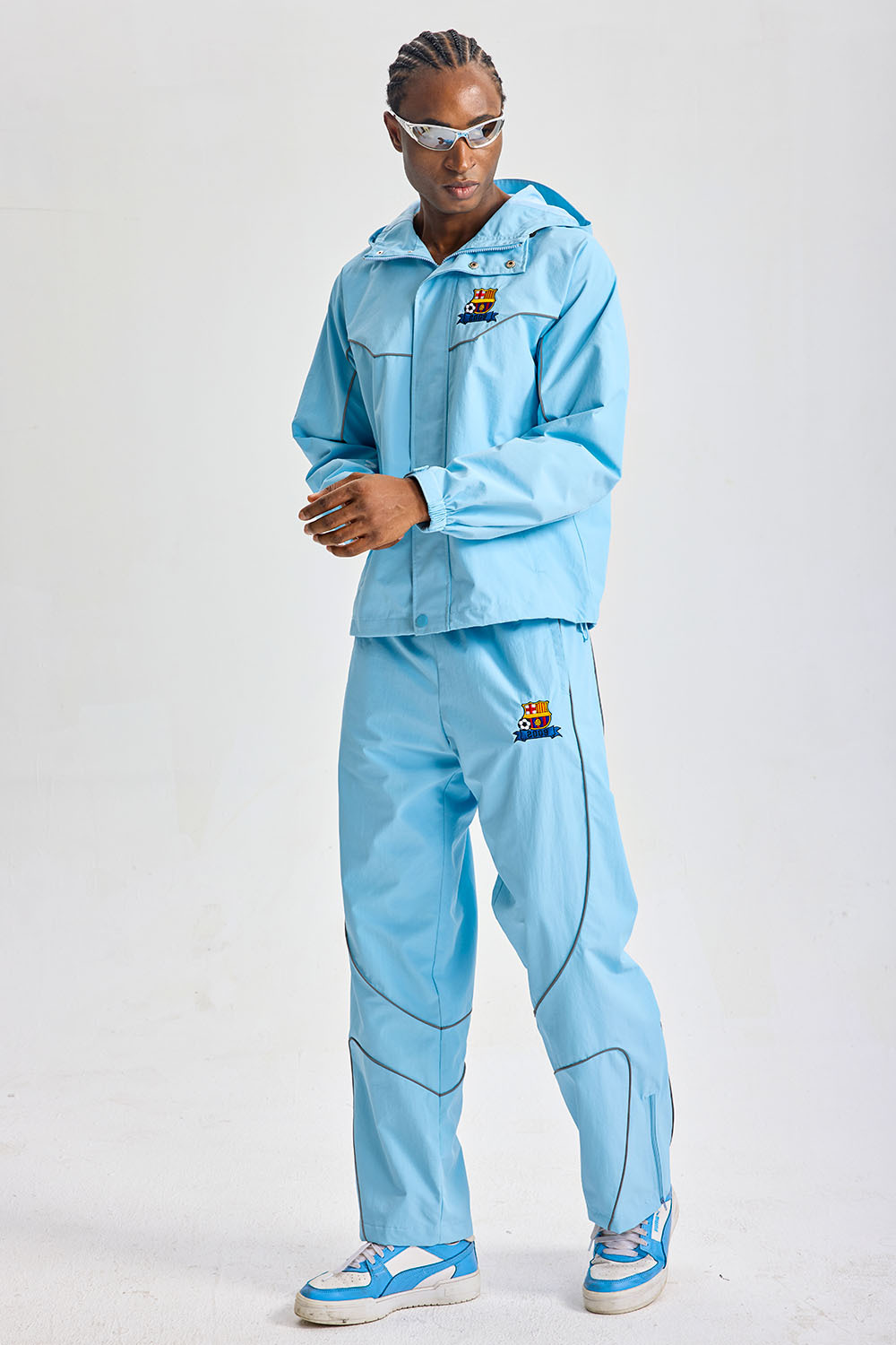 Custom Light Blue Reflective‑Piping Hooded Tracksuit Set | Men 2‑Piece Windbreaker Jacket & Pants Sport Streetwear Embroidery Logo Sweatsuit