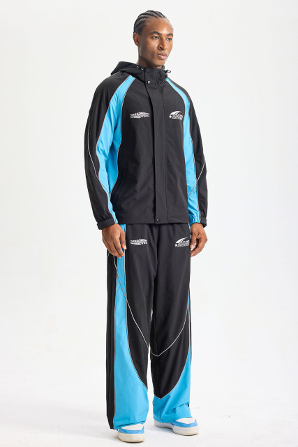 Custom Color‑Block Reflective Piping Racing Style Hooded Tracksuit 2‑Piece Set | Men Windbreaker Jacket & Wide Leg Pants Motor Sport Streetwear Sweatsuit