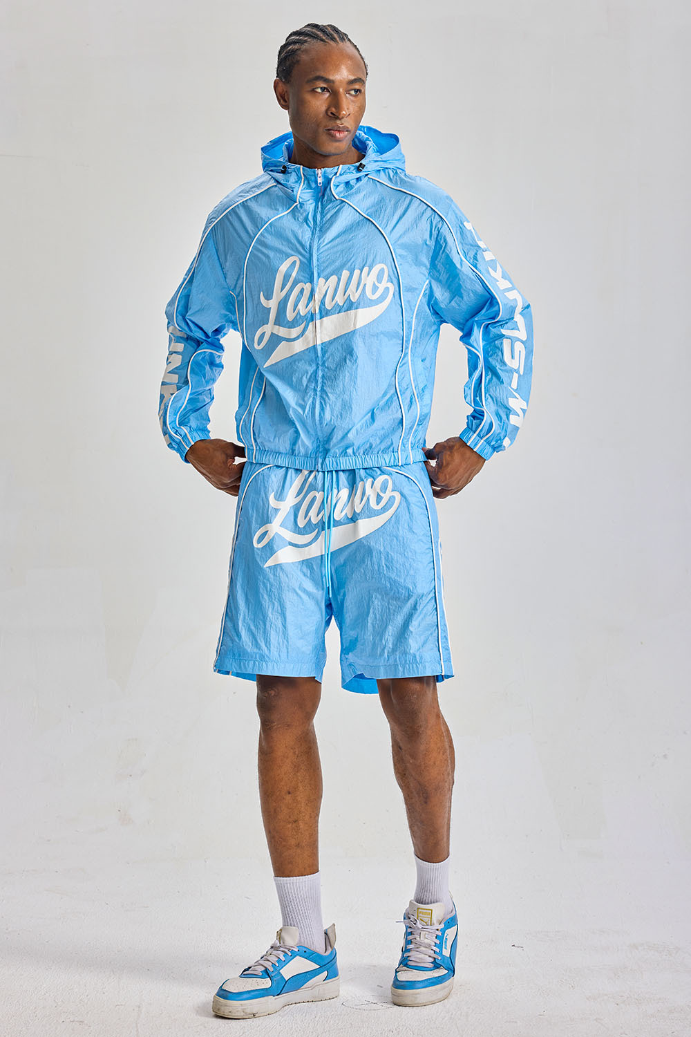 Custom Crinkle Nylon Hooded Windbreaker Short Set 2‑Piece | Men Blue Retro Script Logo Jacket & Shorts Streetwear Tracksuit