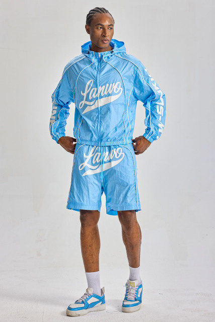Custom Crinkle Nylon Hooded Windbreaker Short Set 2‑Piece | Men Blue Retro Script Logo Jacket & Shorts Streetwear Tracksuit