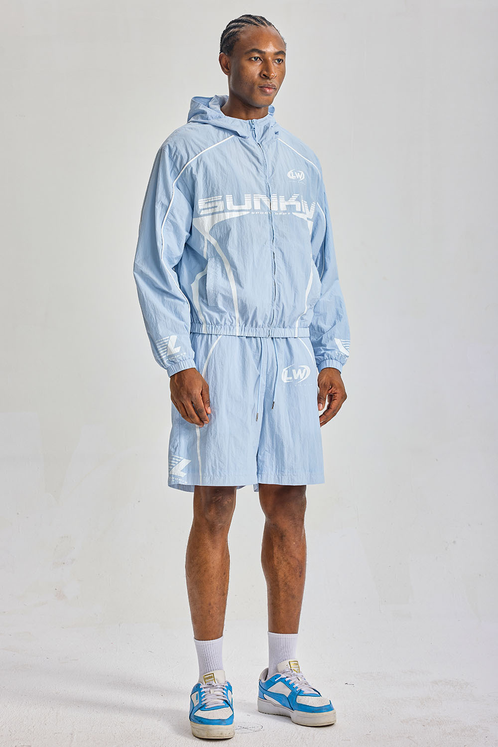 Custom Light Blue Crinkle Nylon Hooded Short Tracksuit 2‑Piece Set | Men Cropped Windbreaker Jacket & Shorts Sport Streetwear Sweatsuit