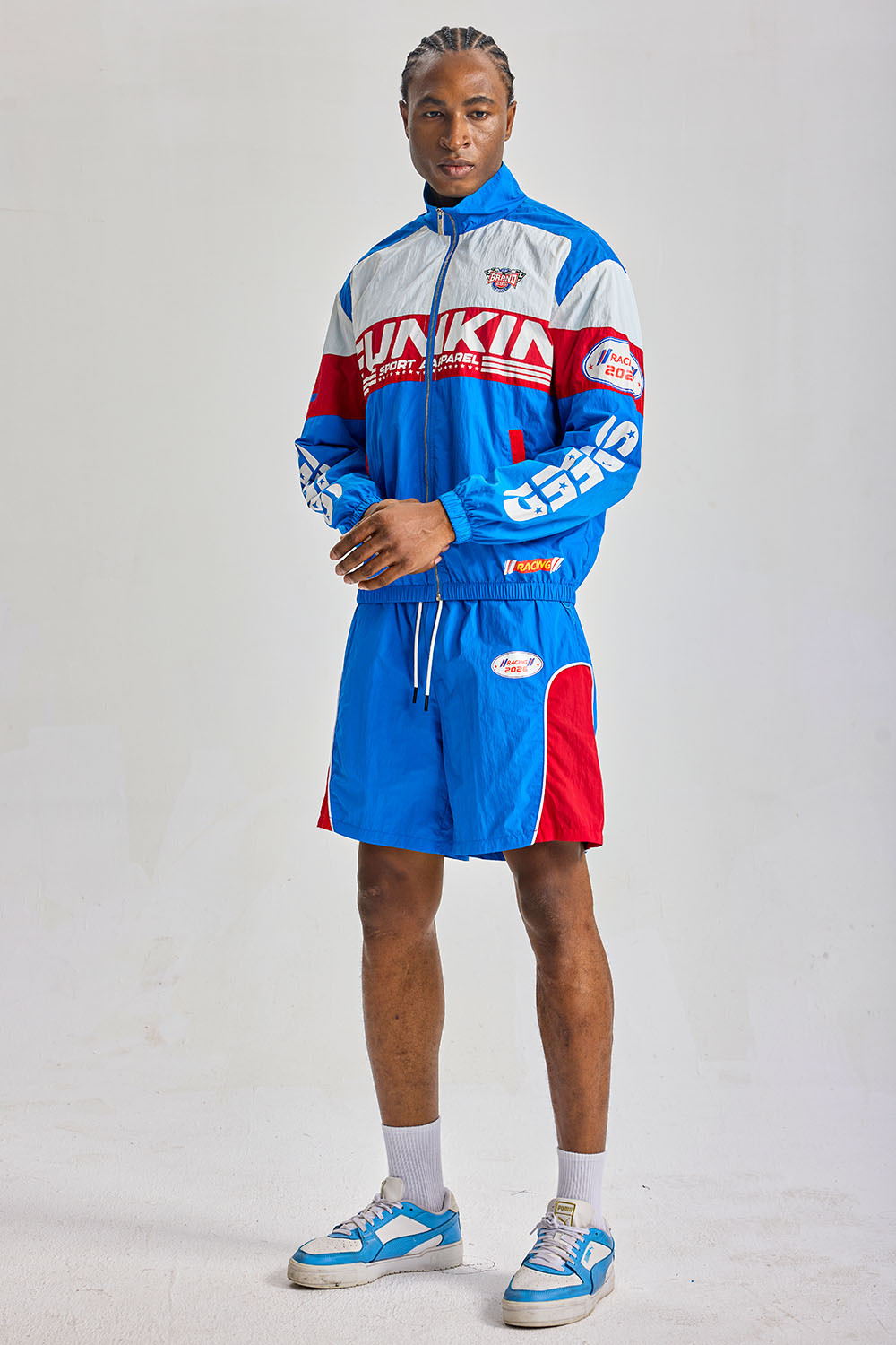 Custom Red‑White‑Blue Color‑Block Racing Short Tracksuit 2‑Piece | Men Crinkle Nylon Stand‑Collar Windbreaker Jacket & Shorts Retro Streetwear Sweatsuit