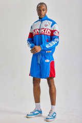 Custom Red‑White‑Blue Color‑Block Racing Short Tracksuit 2‑Piece | Men Crinkle Nylon Stand‑Collar Windbreaker Jacket & Shorts Retro Streetwear Sweatsuit