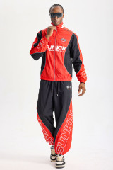 Custom Red‑Black Racing Color‑Block Tracksuit 2‑Piece Set | Men Crinkle Nylon Stand‑Collar Windbreaker & Jogger Pants Motorsport Streetwear Sweatsuit