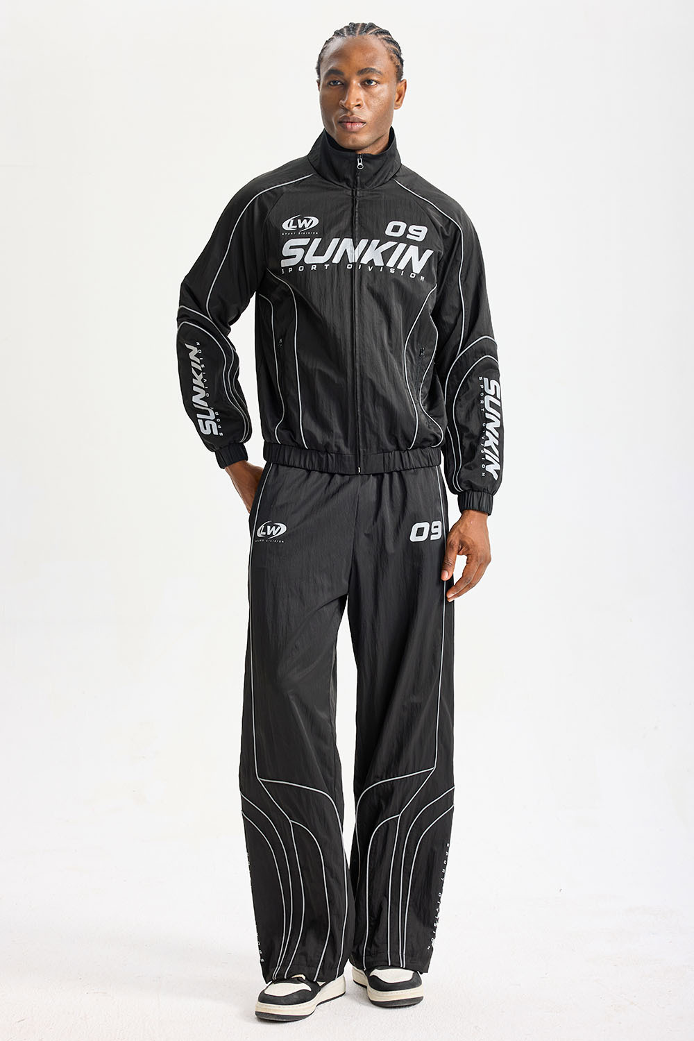Custom Black Retro Racing Tracksuit 2‑Piece Set | Men Crinkle Nylon Stand‑Collar Windbreaker & Wide‑Leg Pants Sport Streetwear Sweatsuit