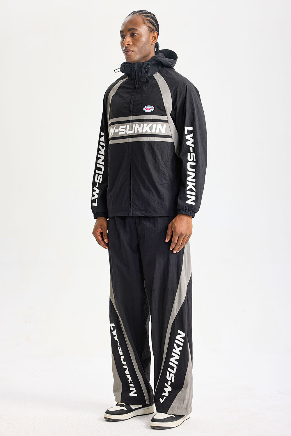 Custom Black‑Grey Color‑Block Hooded Tracksuit 2‑Piece Set | Men Crinkle Nylon Full‑Zip Hooded Windbreaker & Wide‑Leg Pants Retro Sport Streetwear Sweatsuit