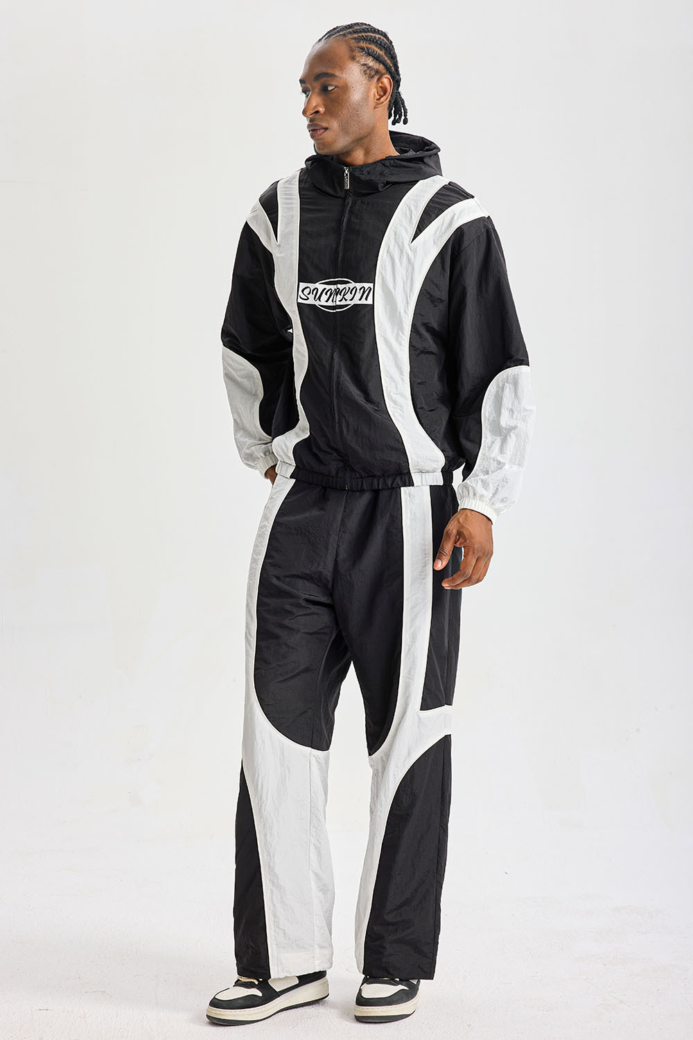 Custom Black‑White Curved Spliced Hooded Tracksuit 2‑Piece Set | Men Crinkle Nylon Zip‑Up Hooded Windbreaker & Wide‑Leg Pants Retro Racing Streetwear Sweatsuit